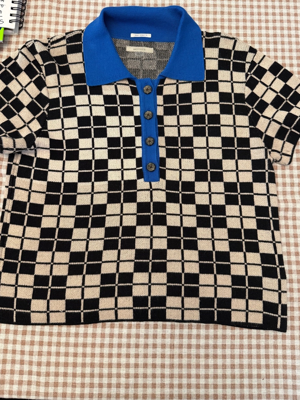 MOTHER Black & Cream Checker Knit Polo with Bright Blue Collar